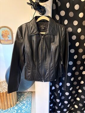 Moda International Black Leather Zip-Front Jacket